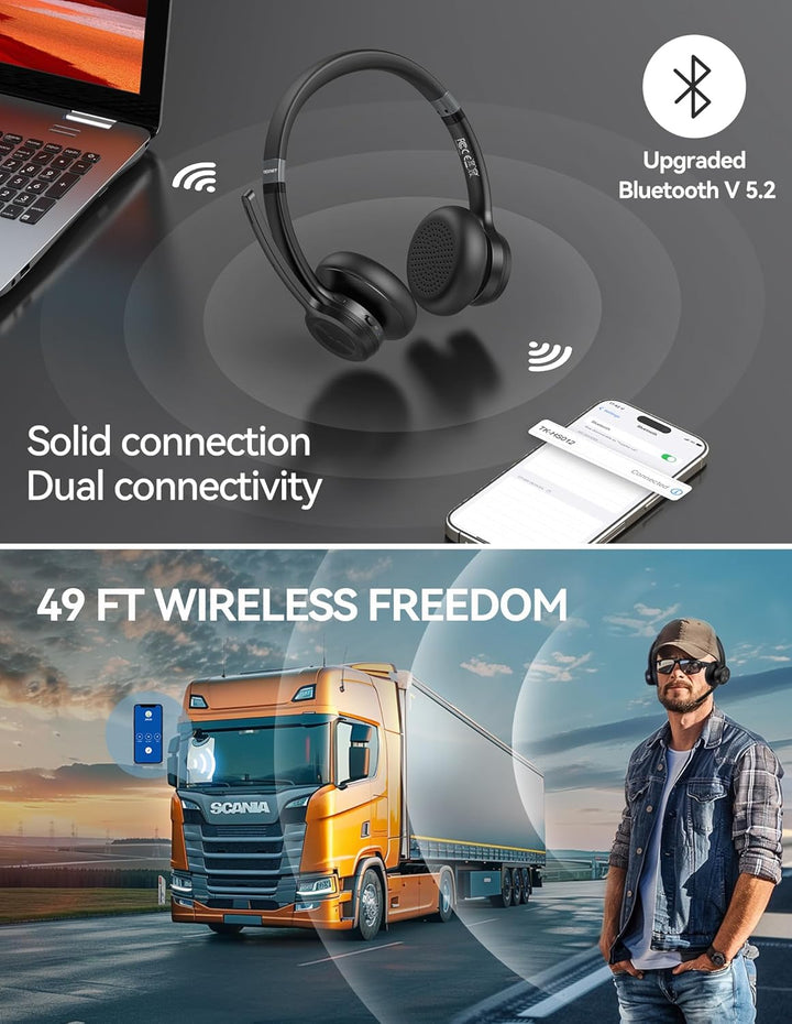 TECKNET V5.2 Bluetooth Headset mit Mikrofon, Wireless Headset mit Noise Cancelling und Stummschaltun