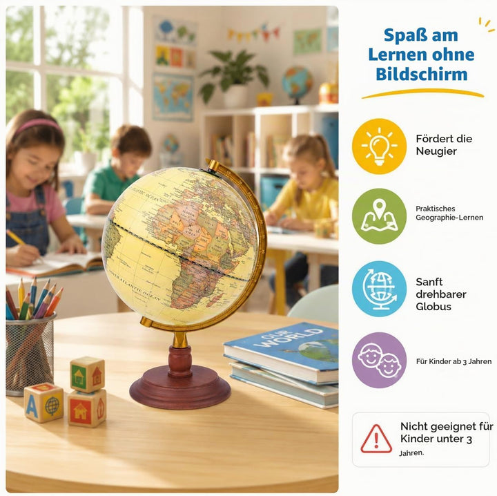 Exerz 20cm Antiker Globus Mit Holzfuss - Englische Karte - Für Kinder Büro Deko - Schülerglobus Mord