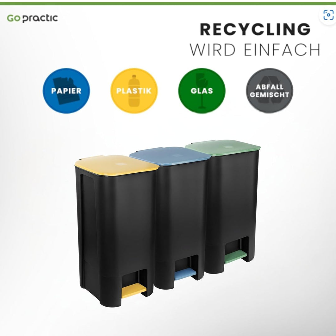 Treteimer Set 3x 40L, Tretmülleimer mit Pedal, Gelb, Grün, Blau Mülleimer, Mülltrennsystem für Papie