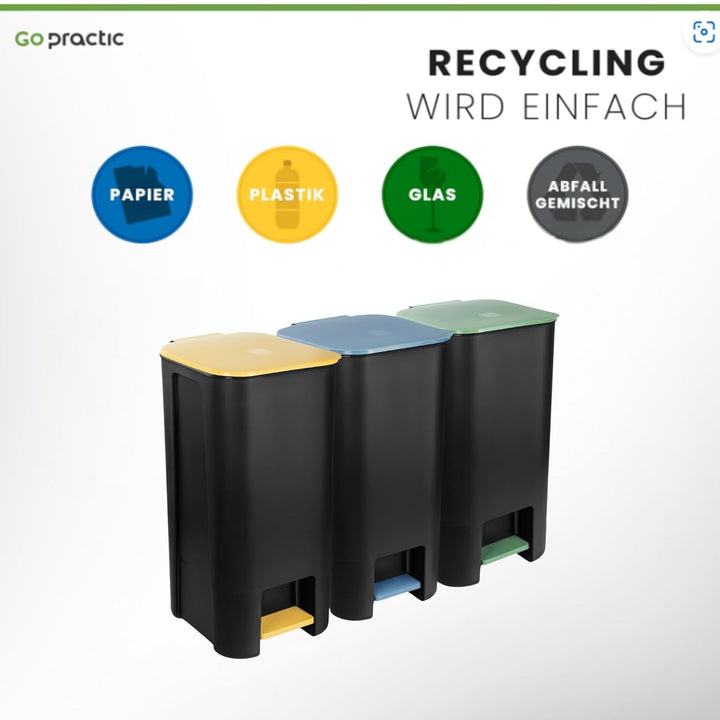 Treteimer Set 3x 40L, Tretmülleimer mit Pedal, Gelb, Grün, Blau Mülleimer, Mülltrennsystem für Papie