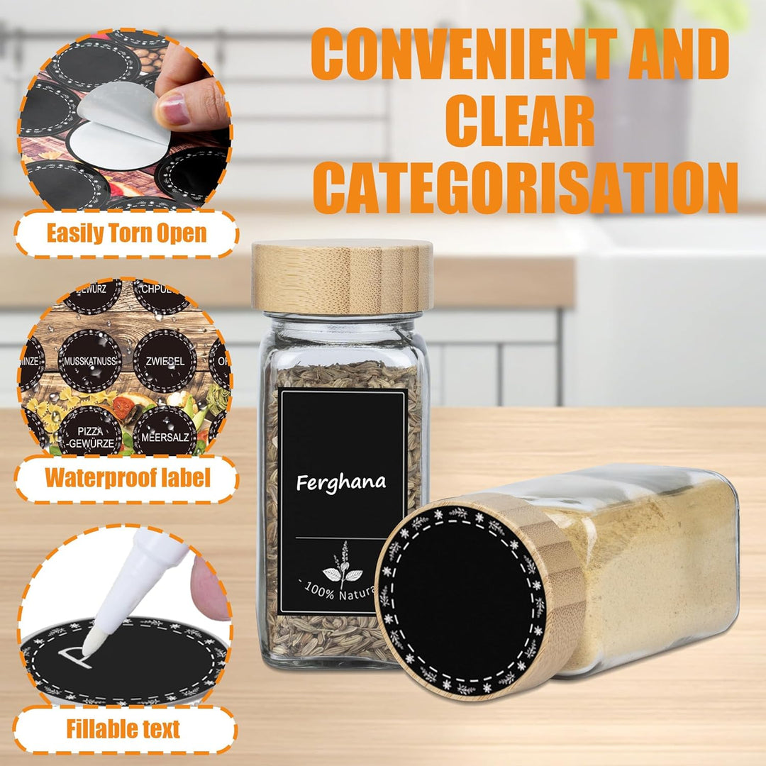Verdego Gewürzgläser Eckig (24x 120ml), Gewürzdosen mit Holzdeckel, Trichter, Etiketten und Stift, G