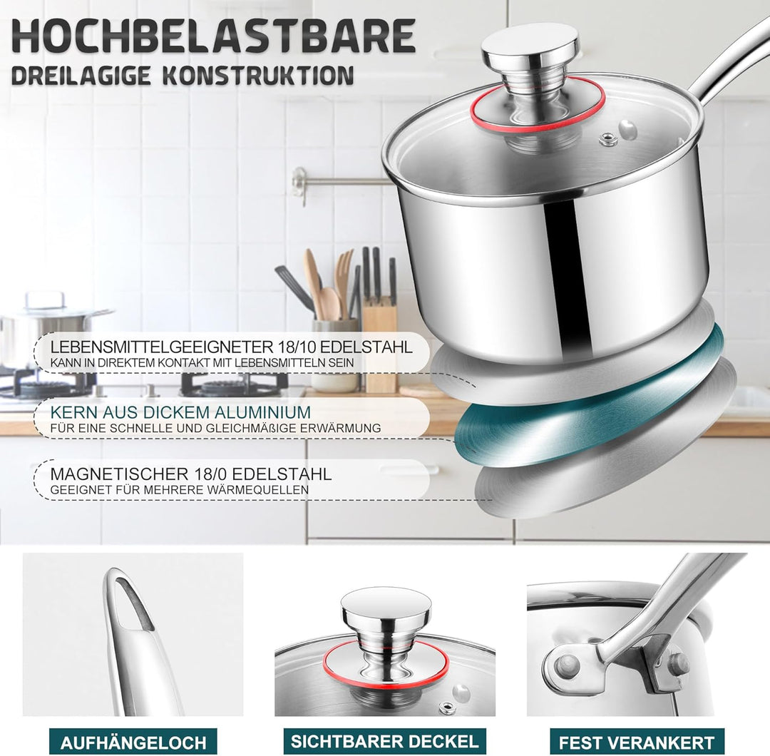 Joyfair Stielkasserolle, 16cm Premium 3-Lagen Edelstahl Milchtopf Induktion mit Deckel, 1,8 Liter Ko