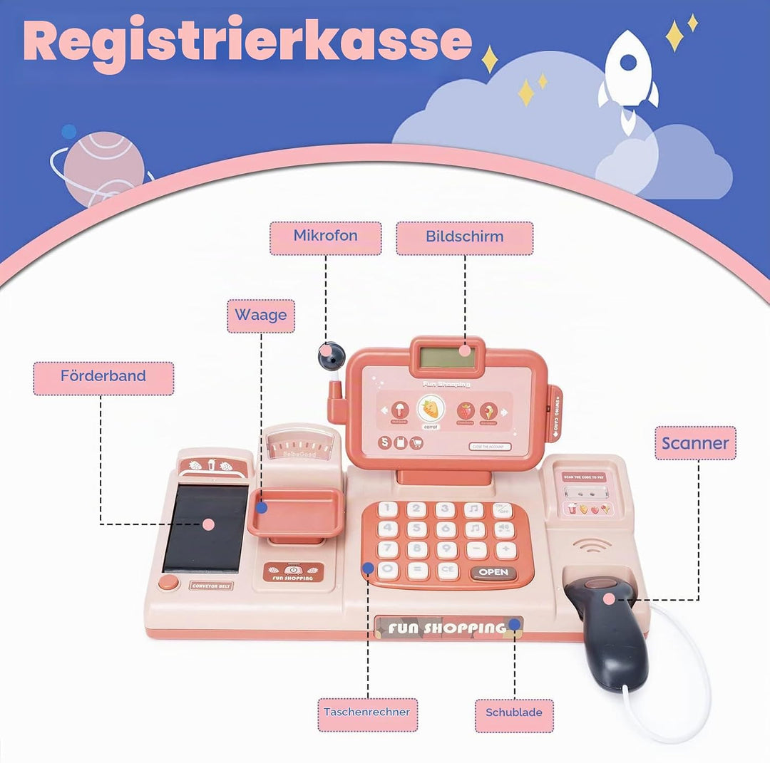 Kinderkasse mit Scanner und Sound,Supermarkt Registrierkasse mit Kreditkarten-Geschenk, Essen, Einka