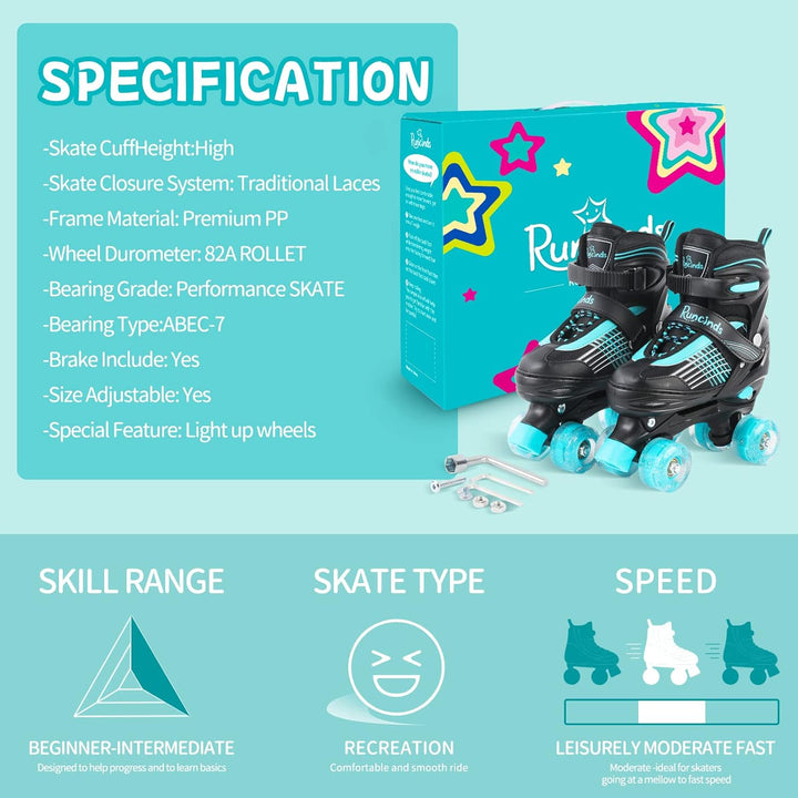 Runcinds Kinder Rollschuhe für Jungen, Kleinkinder, Mädchen 4 Grössen Verstellbare, mit leuchtenden