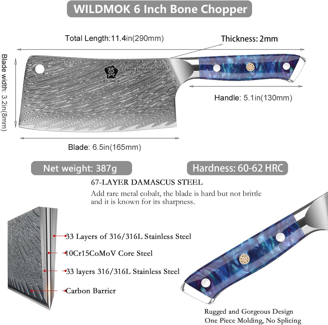 WILDMOK Fleischerbeil, professionelles 16.5 cm Knochenhacker-Metzgermesser, Hackmesser aus Damaststa