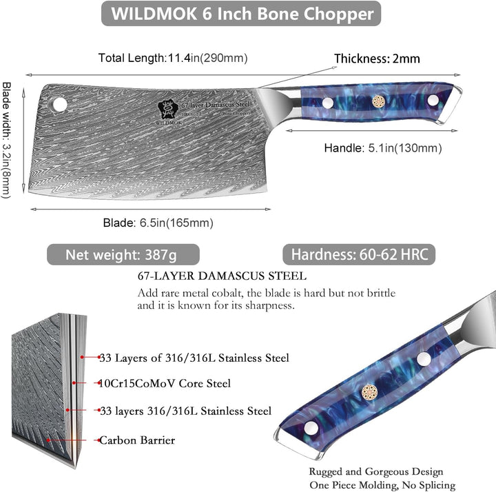 WILDMOK Fleischerbeil, professionelles 16.5 cm Knochenhacker-Metzgermesser, Hackmesser aus Damaststa