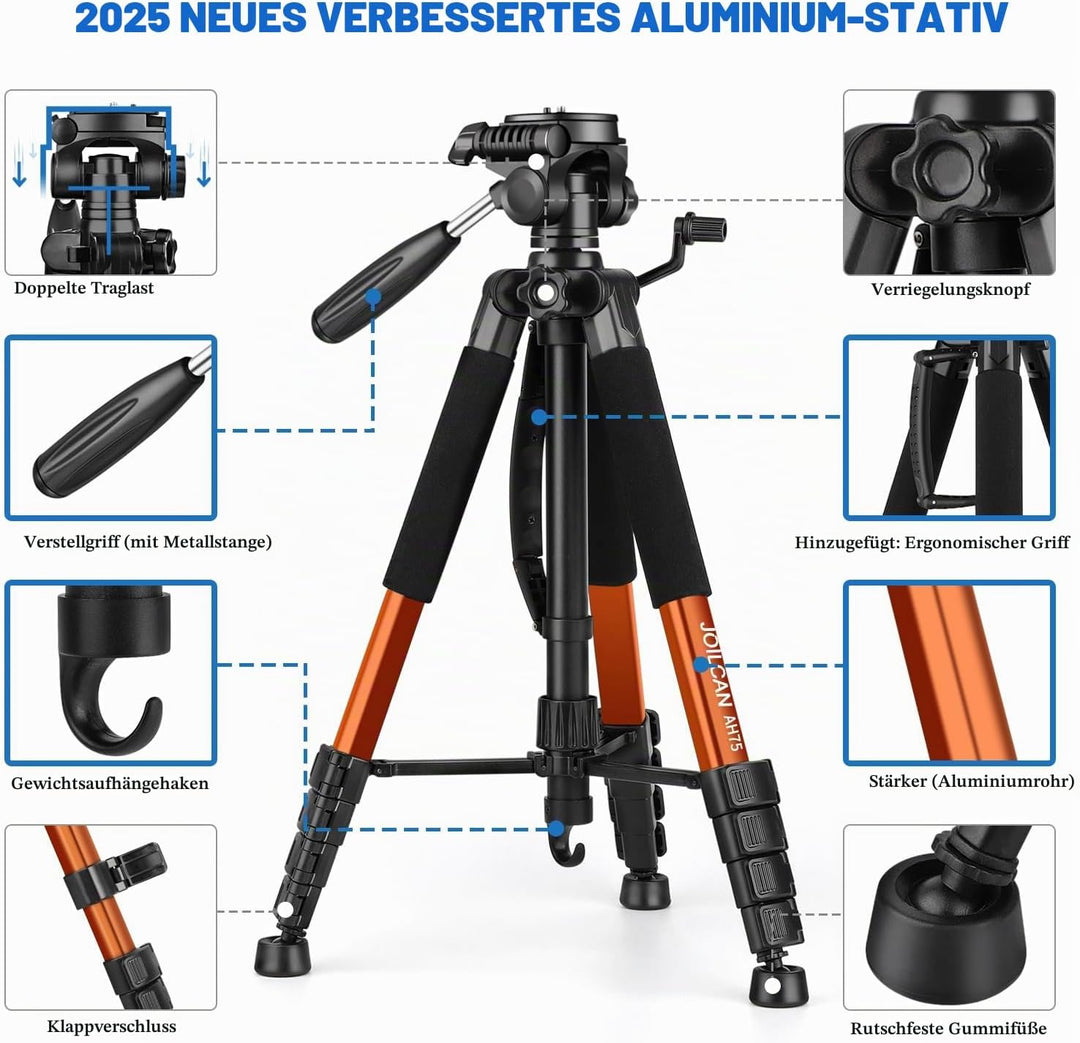 JOILCAN Kamera Stativ, 187cm Aluminium Leichte Dreibeinstativ für Canon Nikon DSLR mit Abnehmbar 3-W