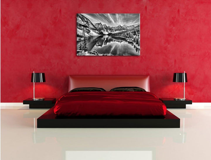 Monocrome, Bergsee, Format: 100x70 auf Leinwand, XXL riesige Bilder fertig gerahmt mit Keilrahmen, K