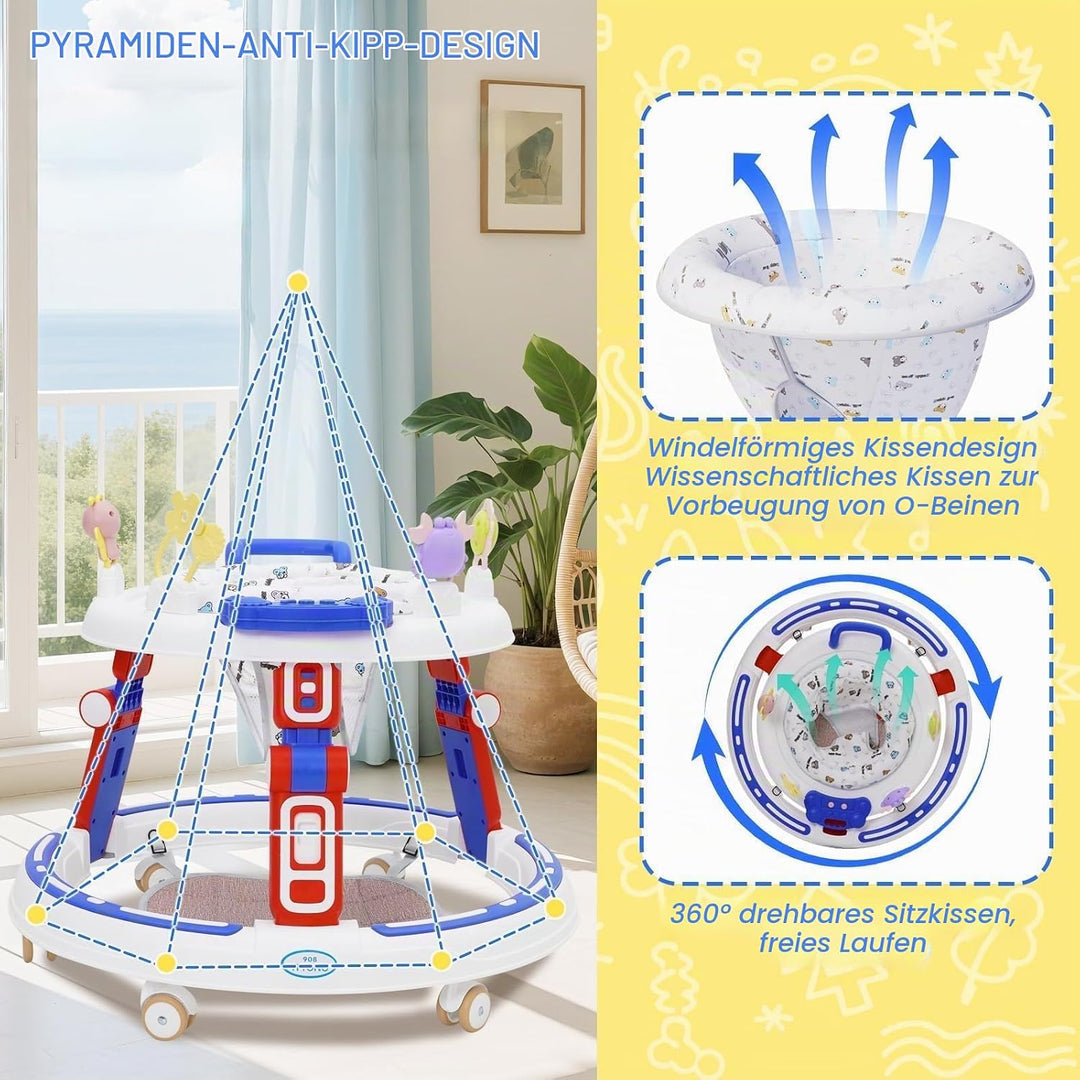 Lauflernhilfe Babywalker 5in1 mit Musikspielzeug, Fussstütze, 360-Grad-Stummschaltung, 6 Räder, 360°