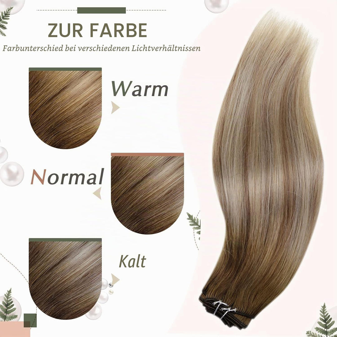 RUNATURE Weave Tressen Echthaar Extensions Balayage Dunkelbraun mit Aschbraun und Mittelblond Ombre