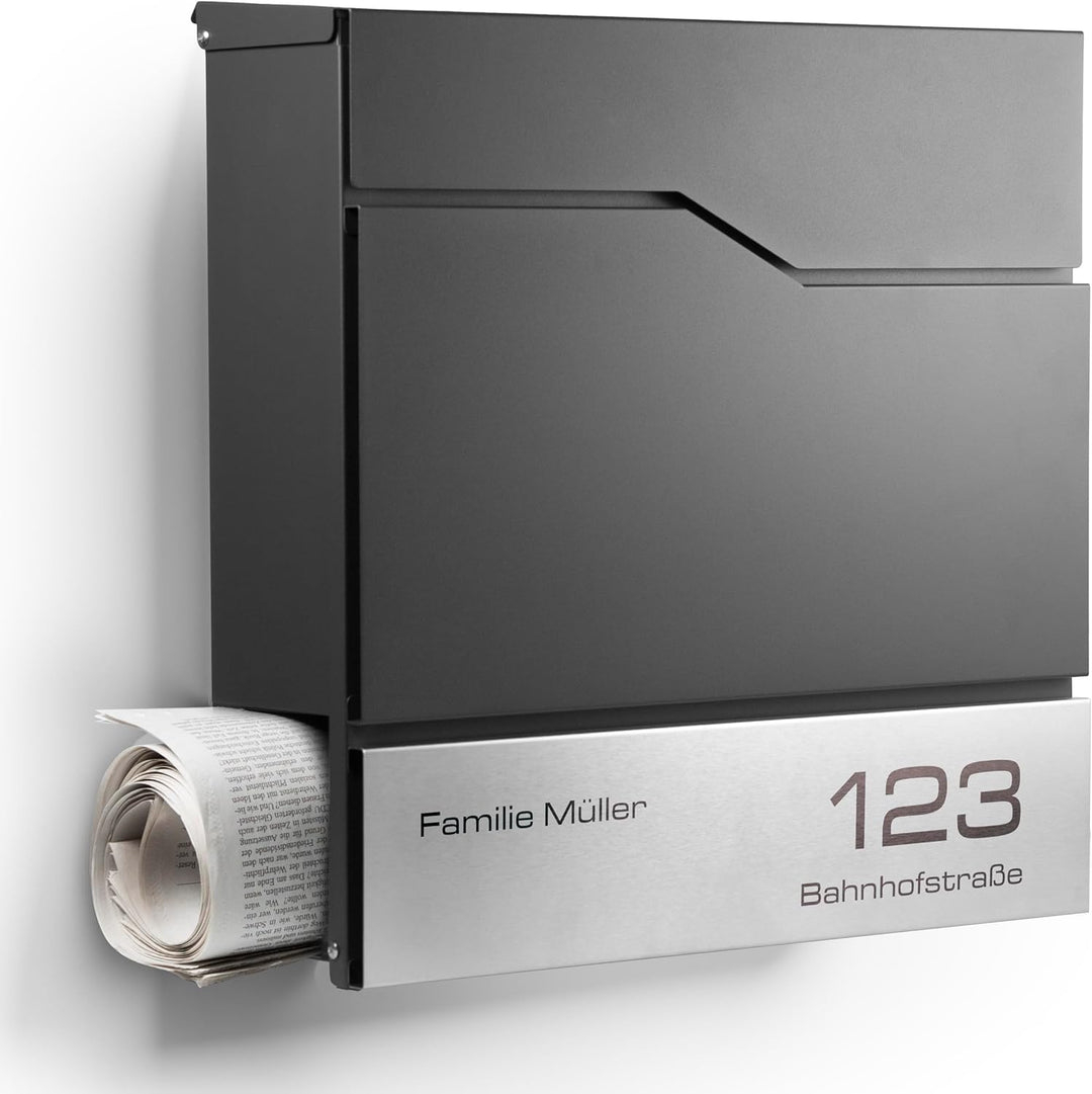 Moderner Briefkasten Personalisierbar Tokio Anthrazit RAL7016 - mit Zeitungsfach - Wandbriefkasten m