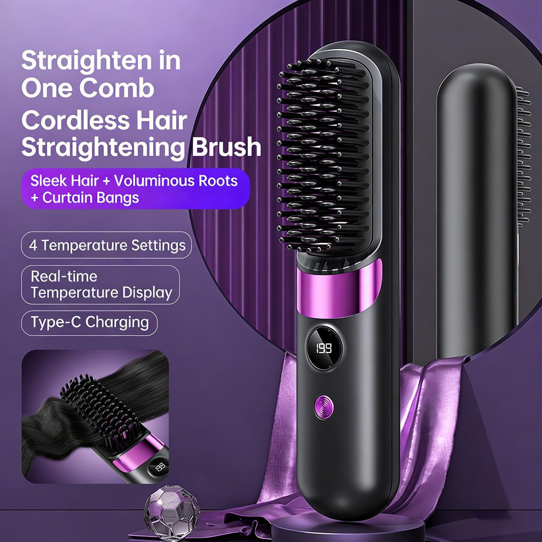 Glättbürste Kabellos, Stylingbürste für Kurze Haare, USB Wiederaufladbar, Tragbare Glättungsbürste,