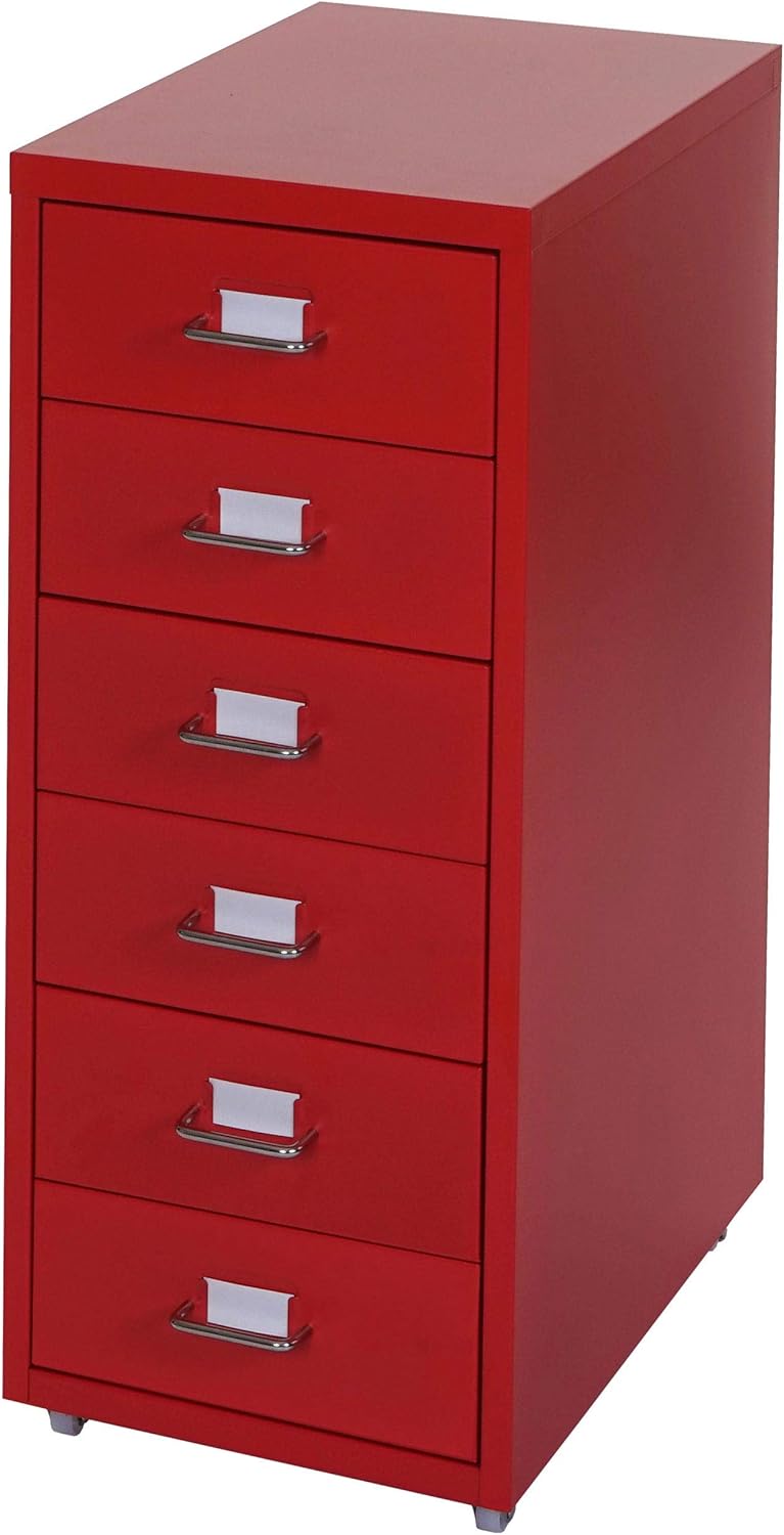 Mendler Rollcontainer Boston T851, Schubladenschrank Stahlschrank, 69x28x41cm 6 Schubladen - rot, Ro