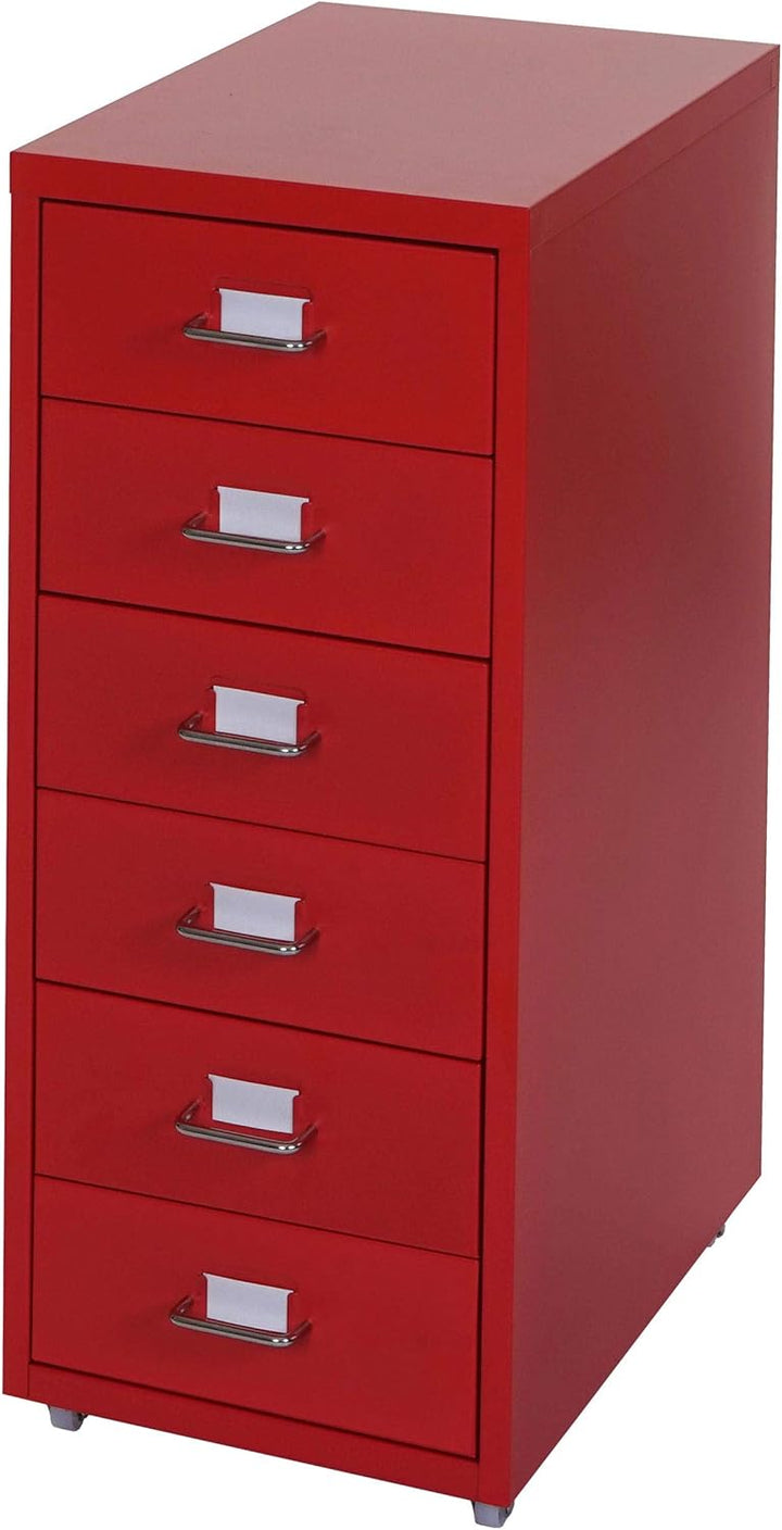 Mendler Rollcontainer Boston T851, Schubladenschrank Stahlschrank, 69x28x41cm 6 Schubladen - rot, Ro
