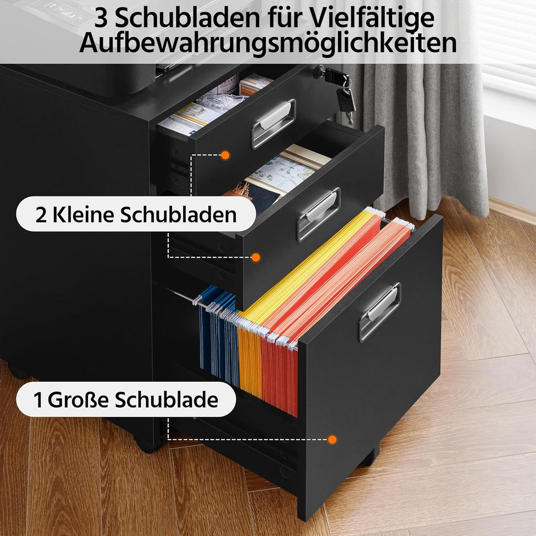Yaheetech Rollcontainer Aktenschrank mit 3 Schubladen und Hängeregistratur Mobiler Büroschrank für A