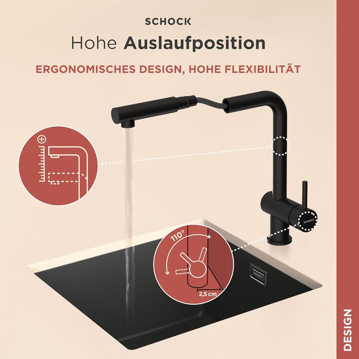 SCHOCK Küchenarmatur Epos Nero – Hochdruck Armatur mit ausziehbarer Schlauchbrause Schlauchbrause Ne