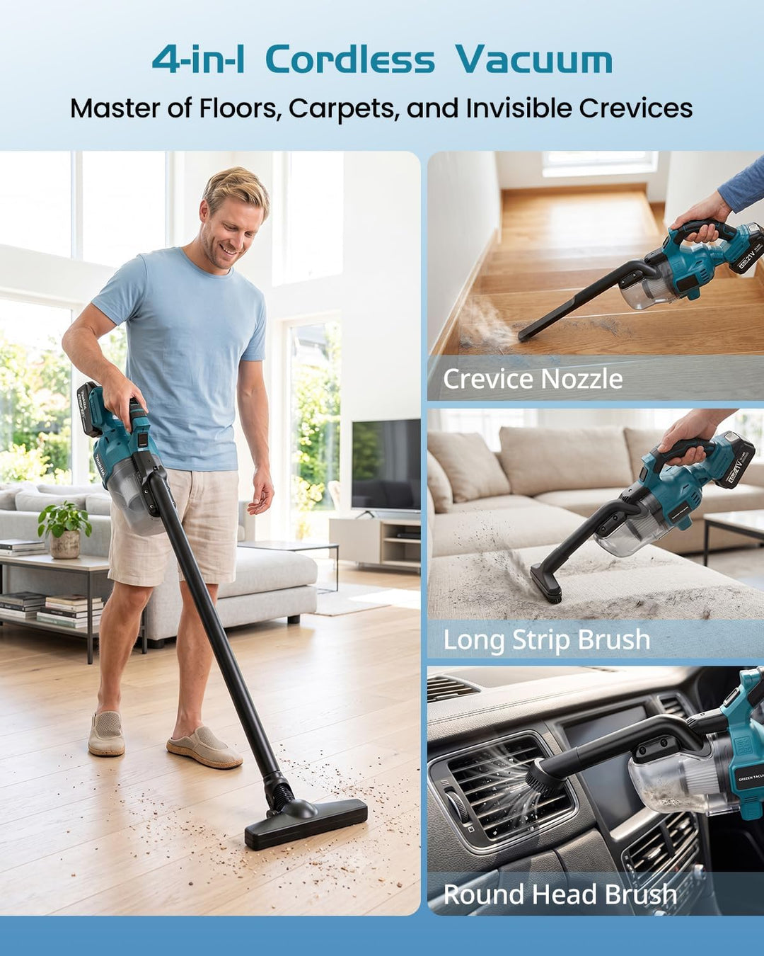 Akku Staubsauger Kompatibel mit Makita 18V, 16000Pa 4-in-1 Akku Handstaubsauger mit 2X 4.0Ah, 4 Bürs