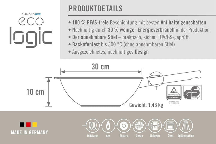 Woll Eco Logic QXR Wok- und Rührpfanne - Induktiv -, Ø 30 cm, 10 cm hoch, mit abnehmbaren Stiel - Ge