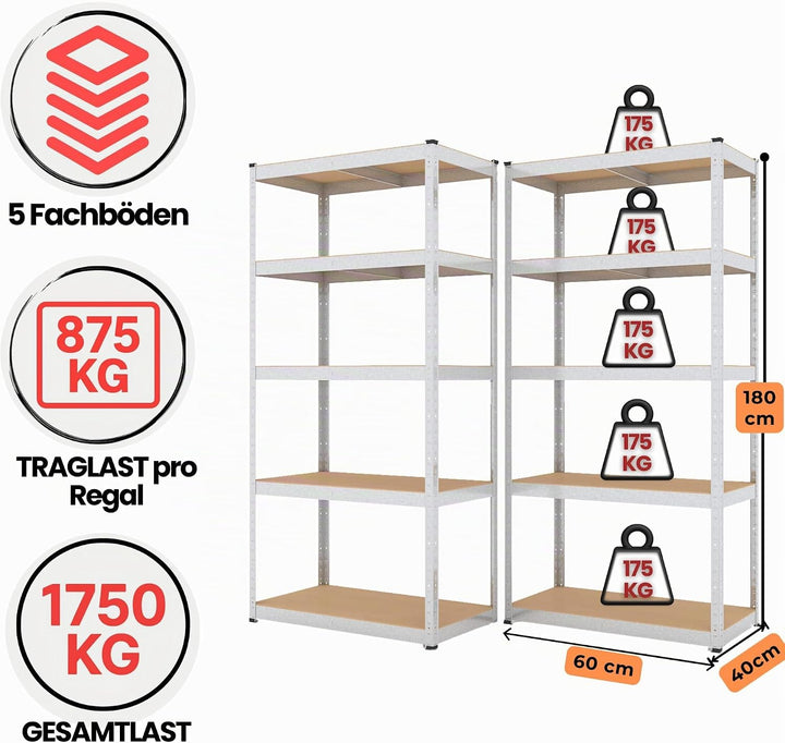 2er-Set 180x60x40 cm Schwerlastregal/Steckregal verzinkt mit 5 MDF-Böden je 175 kg Tragkraft, Metall