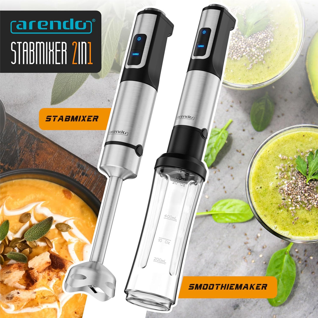 Arendo - Edelstahl Stabmixer 1500 Watt – mini Standmixer mit Trinkflasche Deckel und Messereinheit -