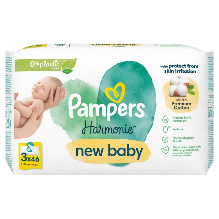 Pampers Harmonie New Baby Feuchttücher Plastikfrei 3 Packungen = 138 Baby Feuchttücher