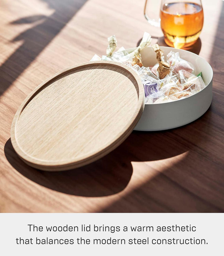 Yamazaki 5801 RIN Aufbewahrungsbehälter mit Deckel, rund, weiss, Stahl/Holz, Minimalistisches Design