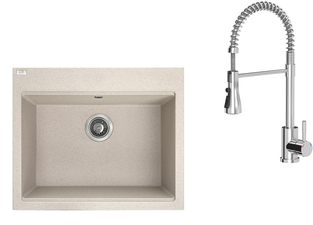 VBChome Spülbecken mit Armatur 60 x 50 cm Beige Einzelbecken Granit Rechteckig Einbauspüle Gesprenke