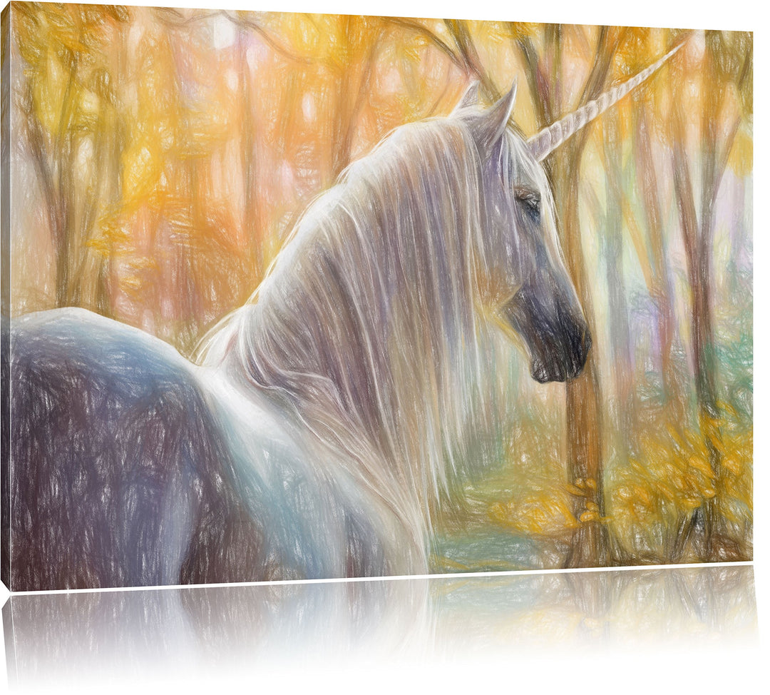 Pixxprint Einsames Einhorn im Wald / 100x70cm Leinwandbild bespannt auf Holzrahmen/Wandbild Kunstdru