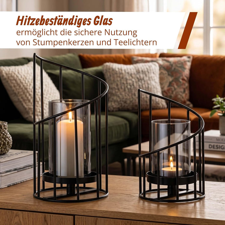 Relaxdays Windlicht 2er Set, transparent/schwarz | Glaszylinder mit Metallgestell, 2 Grössen, für St