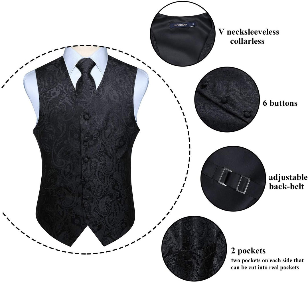 Enlision Herren Paisley Floral Jacquard Weste &amp; Krawatte und Pocket Square Weste Anzug Set M Schwarz