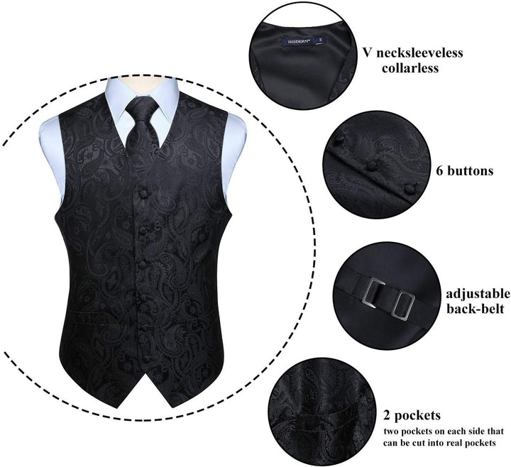 Enlision Herren Paisley Floral Jacquard Weste &amp; Krawatte und Pocket Square Weste Anzug Set M Schwarz