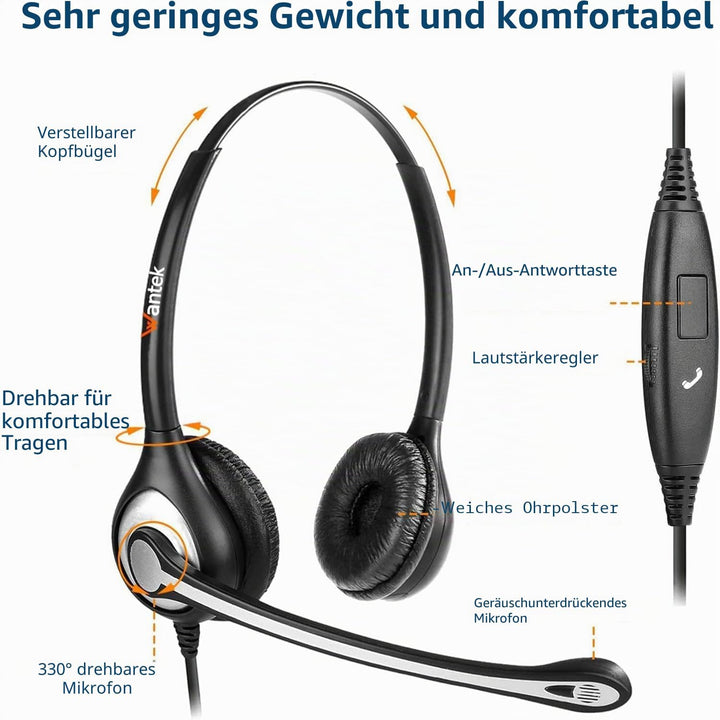 Wantek Headset mit Mikrofon für Laptop,PC-Kopfhörer 3,5mm Klinke & 2,5-mm Klinkenadapter,Geräuschunt