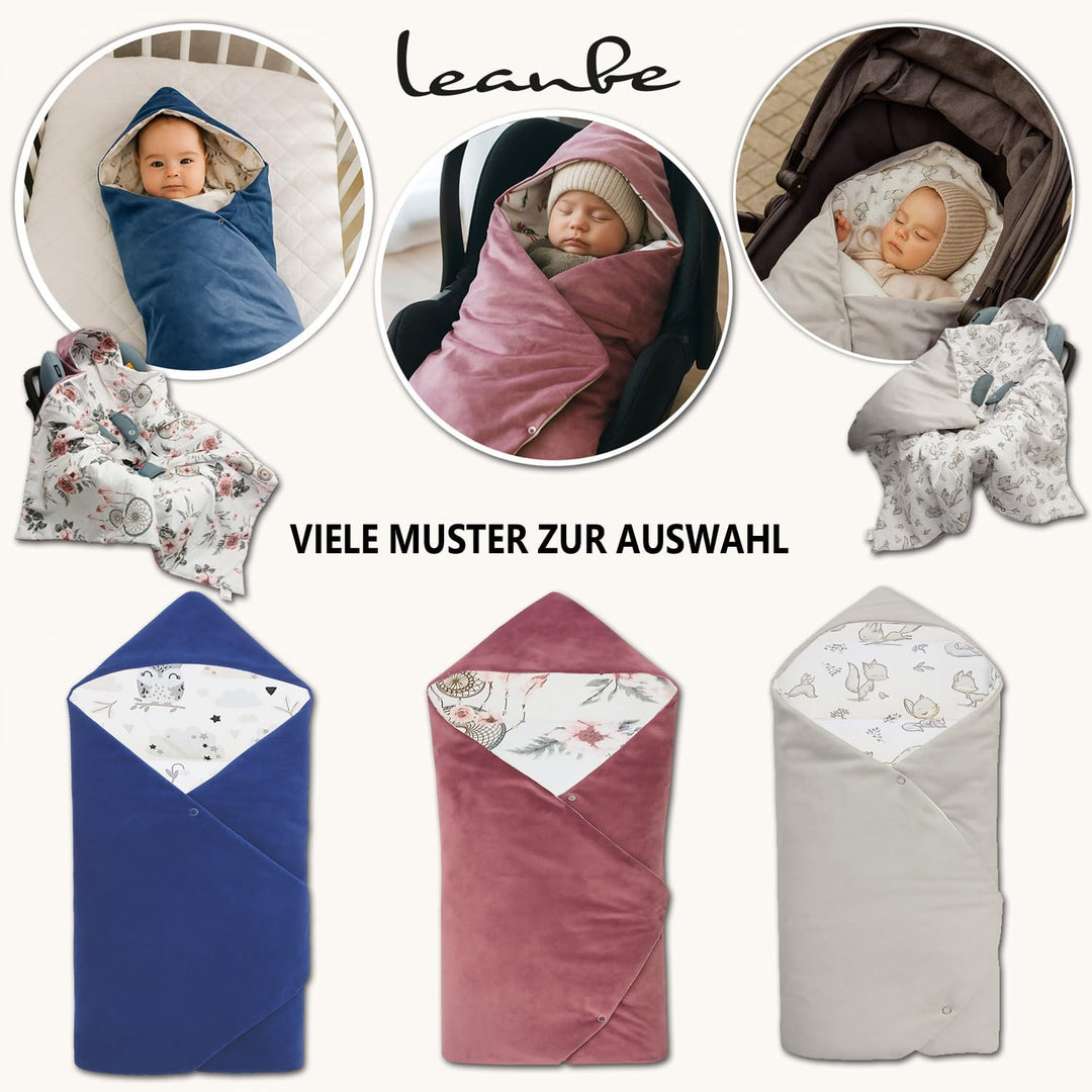 Baby Einschlagdecke Doppelseitig 86x86 cm Baumwolle-Velours für Kinderwagen und Babybett (Blau Velou