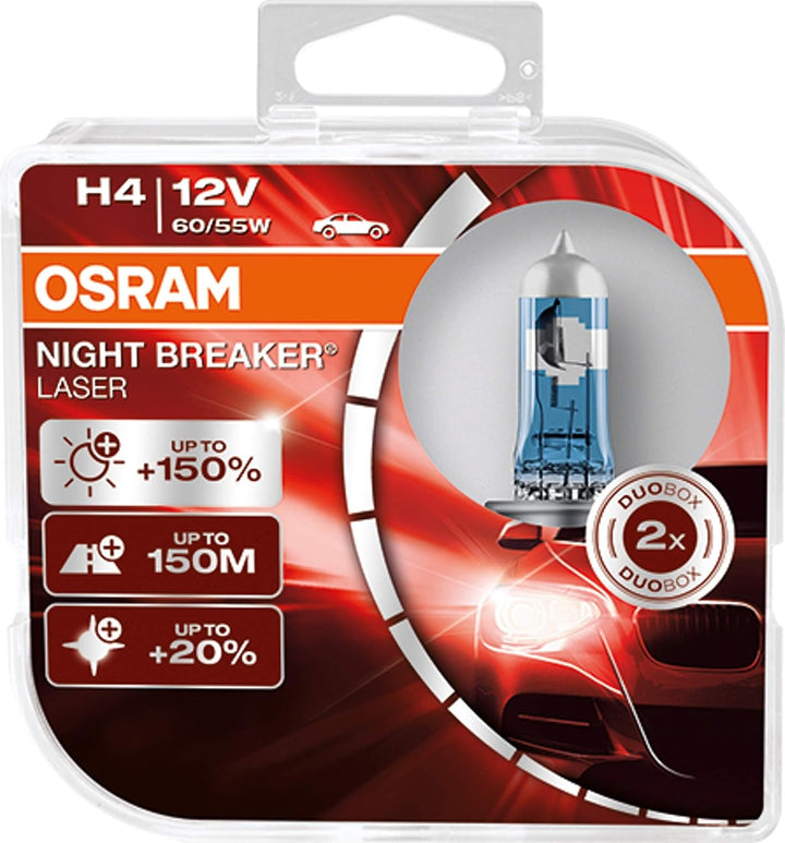OSRAM NIGHT BREAKER LASER H4, +150% mehr Helligkeit, Halogen-Scheinwerferlampe, 64193NL-HCB, 12V PKW