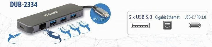 D-Link DUB-2334 5-in-1 USB-C Hub mit Power Delivery (PD 60W, Gigabit Ethernet, 3 USB 3.0 Ports, for