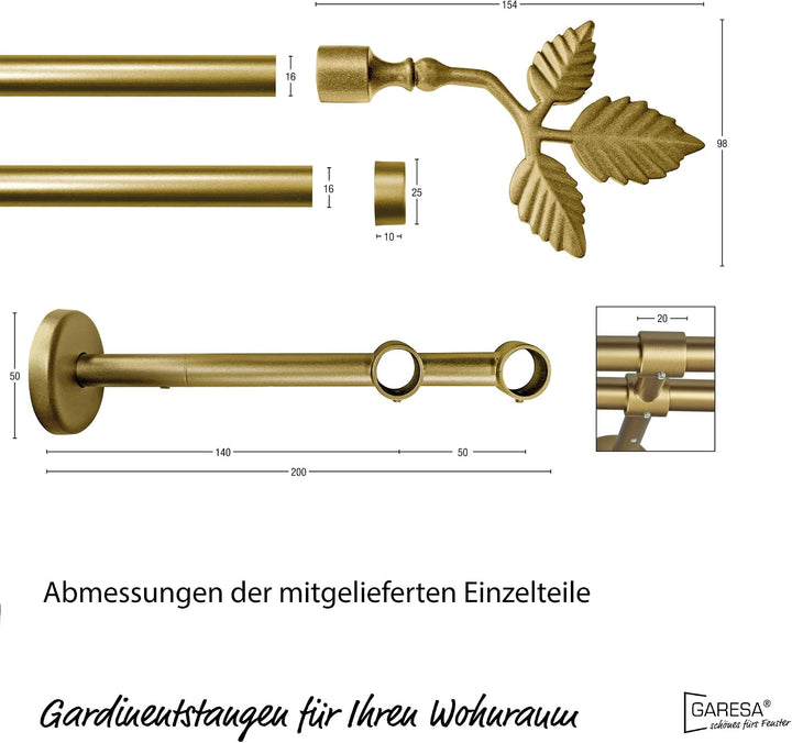 Garesa Gardinenstange Sheet Ø 16mm, 2-läufig, Gold, matt I Stabile Vorhangstange ohne Ringe I Mit En