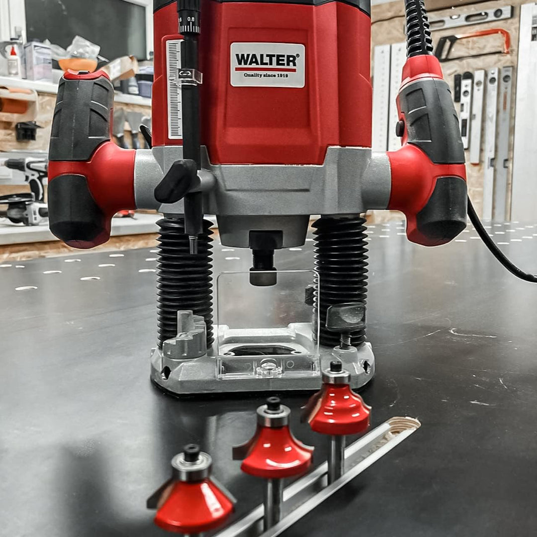 WALTER Oberfräse 1200 W mit Hartmetall-Fräsersatz 50 tlg, 55 mm Hubhöhe, Leerlaufdrehzahl 11.000-30.