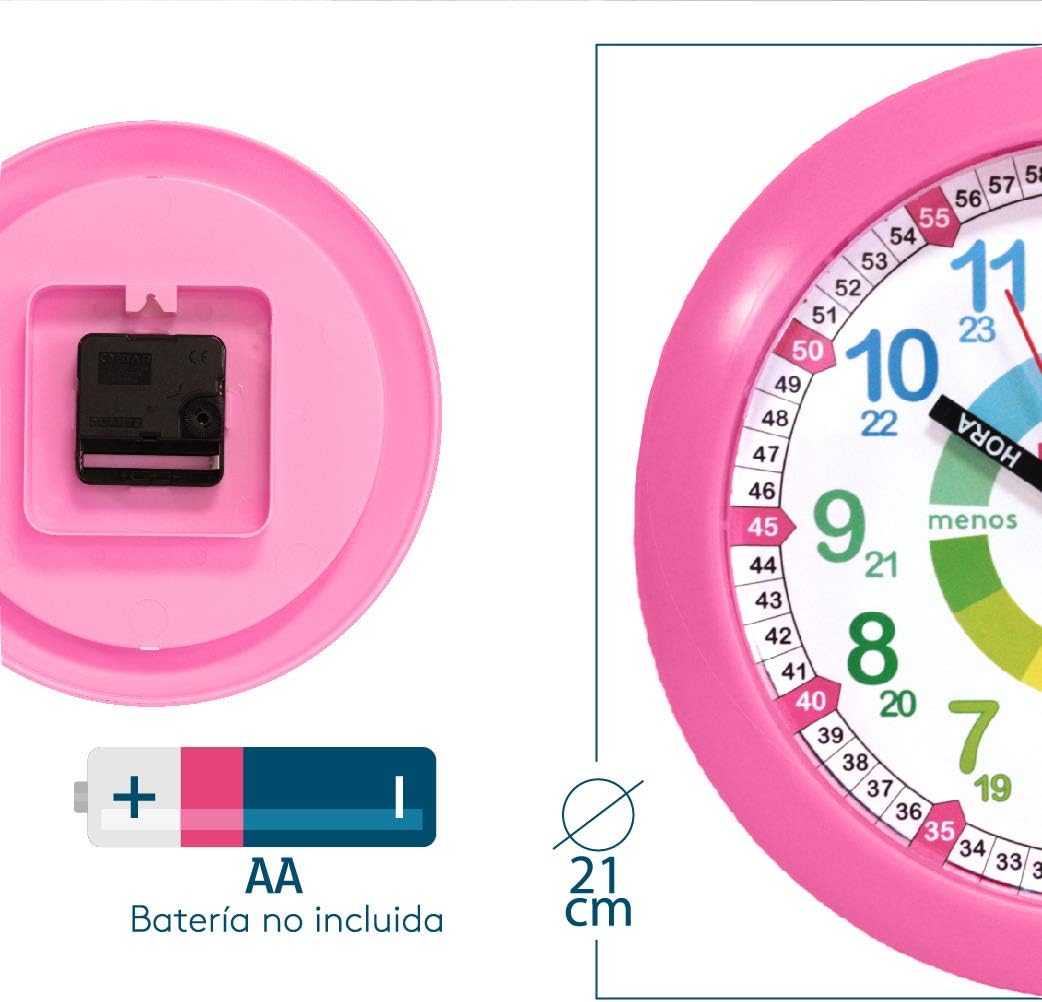 KIDDUS Wanduhr für Kinder. Analoger Zeitlehrer mit Zeitlernübungen. Stilles Uhr. Viele Sprachen. ESP