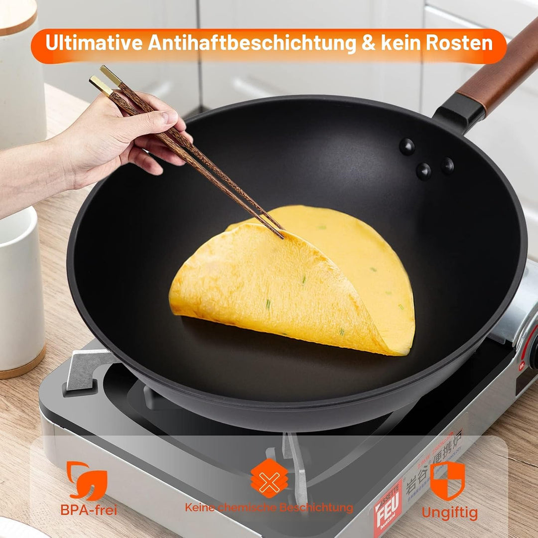 Jobin 33cm/5,6L Wokpfanne mit Eisendeckel Wok aus Kohlenstoffstahl Ohne Chemische Beschichtung und z
