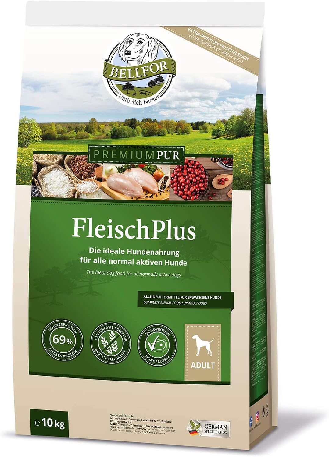 Bellfor Premium PUR FleischPlus Glutefrei Hundefutter mit Hohem Fleischanteil 10 kg - Die ideale Nah