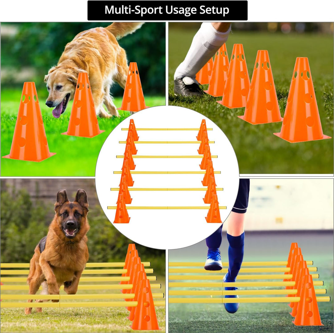 QWORK® Sports Steckhürdenset 12 Kegel + 6 Stangen Agility,23cm Höhe, 100cm Länge, Steckhürdenset für
