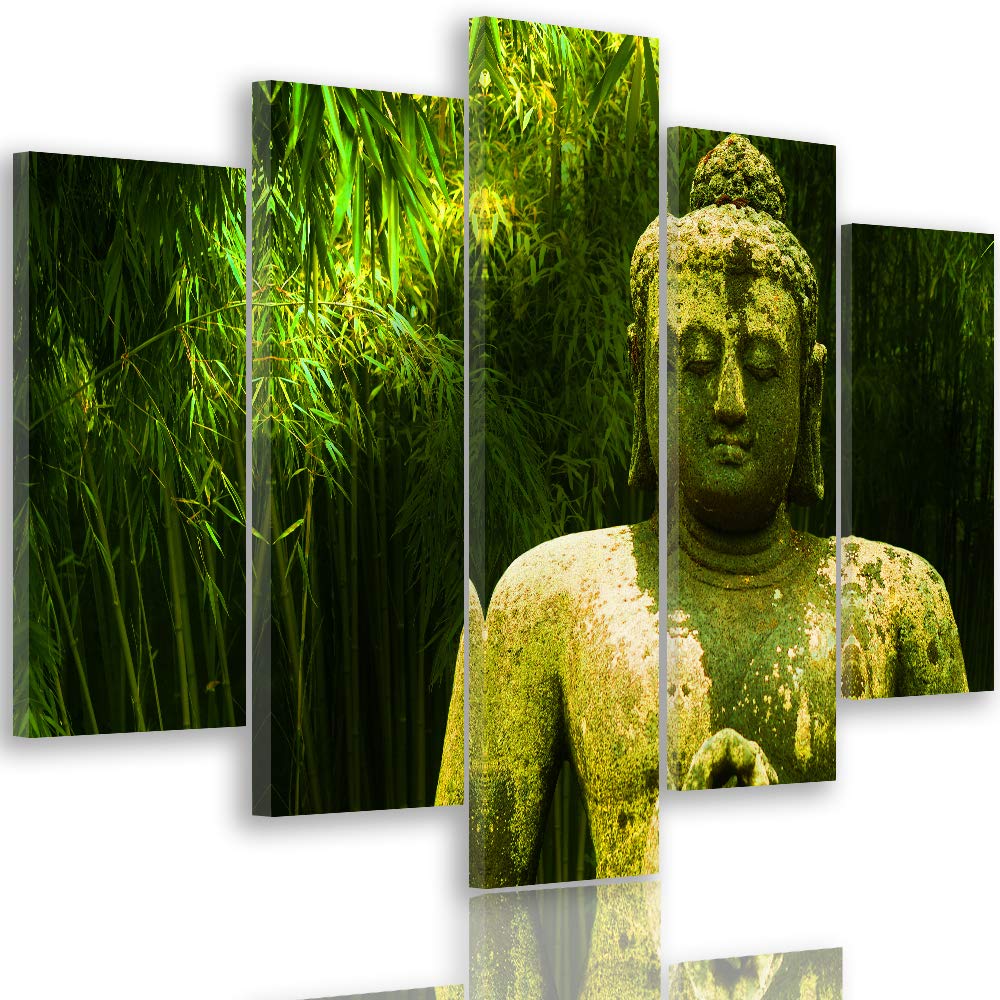 Feeby Wandbild XXL 5 Teilig Buddha Leinwandbild Statue Natur Blätter grün 300x140 cm Leinwandbild 30
