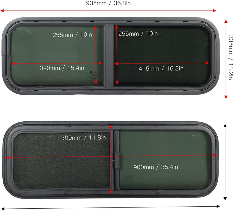 Wohnmobil-Schiebefenster, 900 X 300 Mm Rundwinkel-Schiebefenster für Wohnmobile aus Schwarzem Gehärt