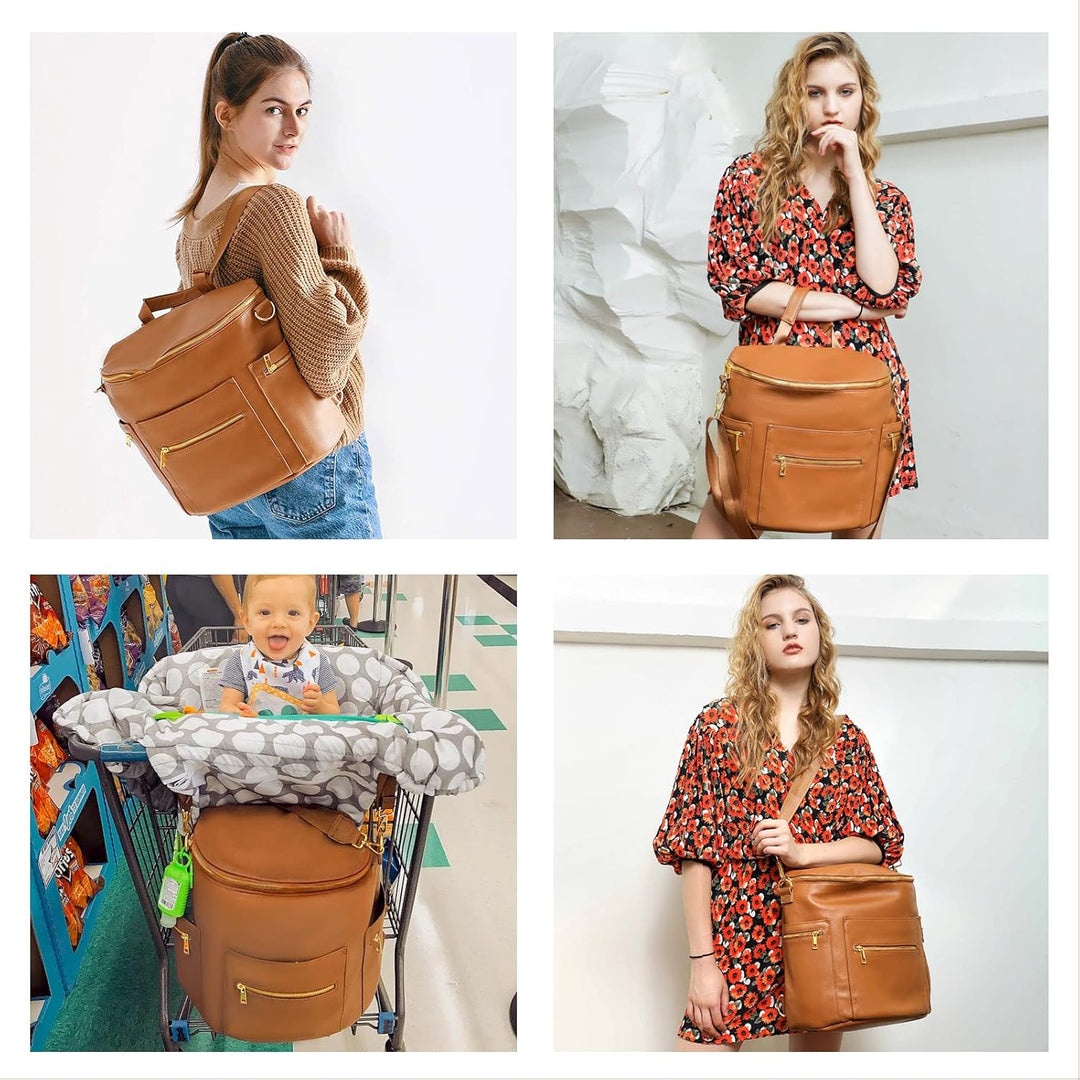 Wickeltasche aus Leder, Wickelrucksack mit Laptophülle, Wickelunterlage, Feuchttüchern, Kinderwageng