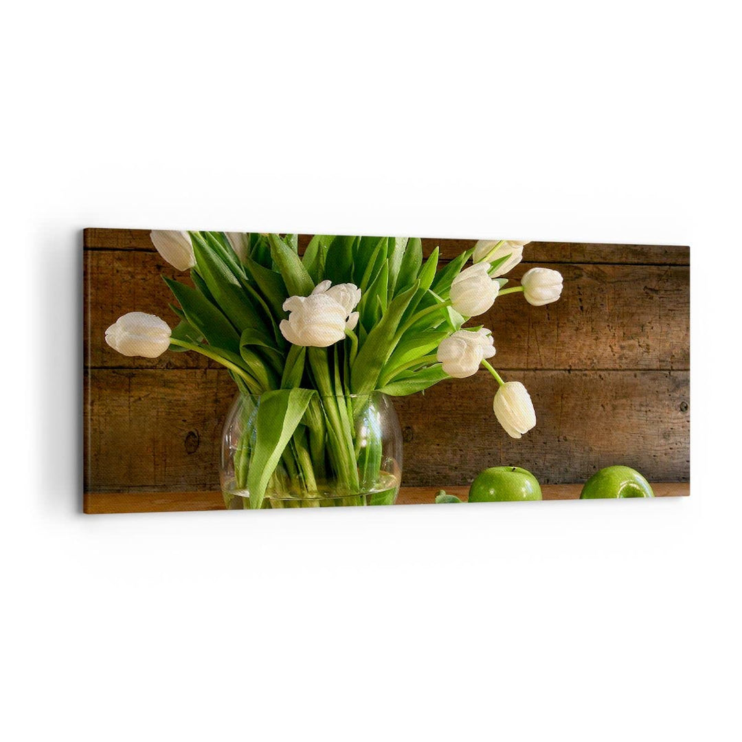 Wandbilder Dekoration Wohnzimmer Tulpen Apfel Blumenstrauss Frühling Bilder auf Leinwand 120x50cm Le