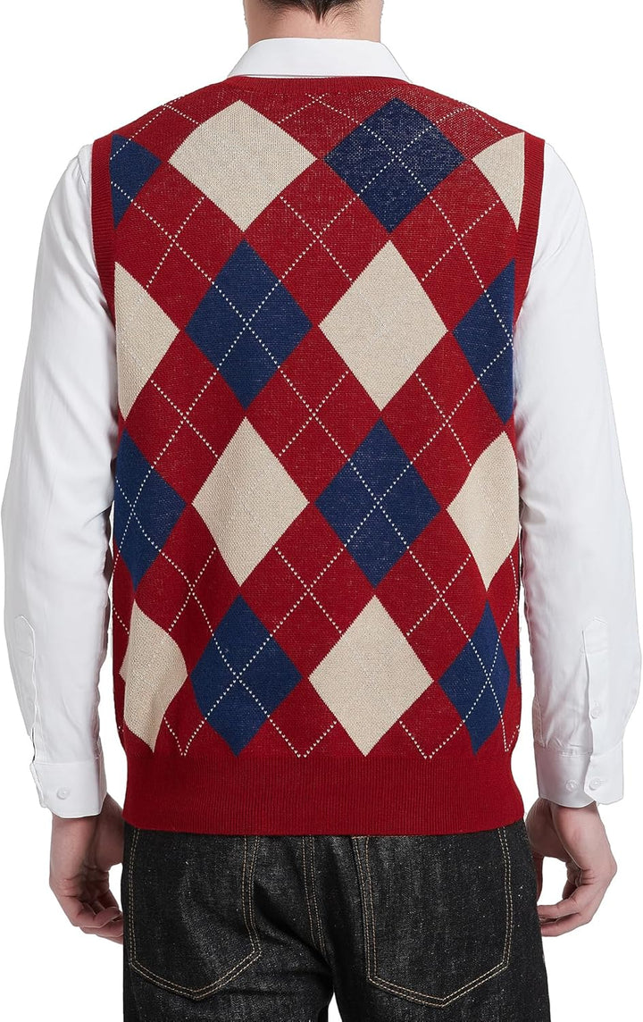 Kallspin Herren Argyle Gestrickt Ärmellos Pullover Wollmischung V-Ausschnitt Strickwesten XXL Burgun