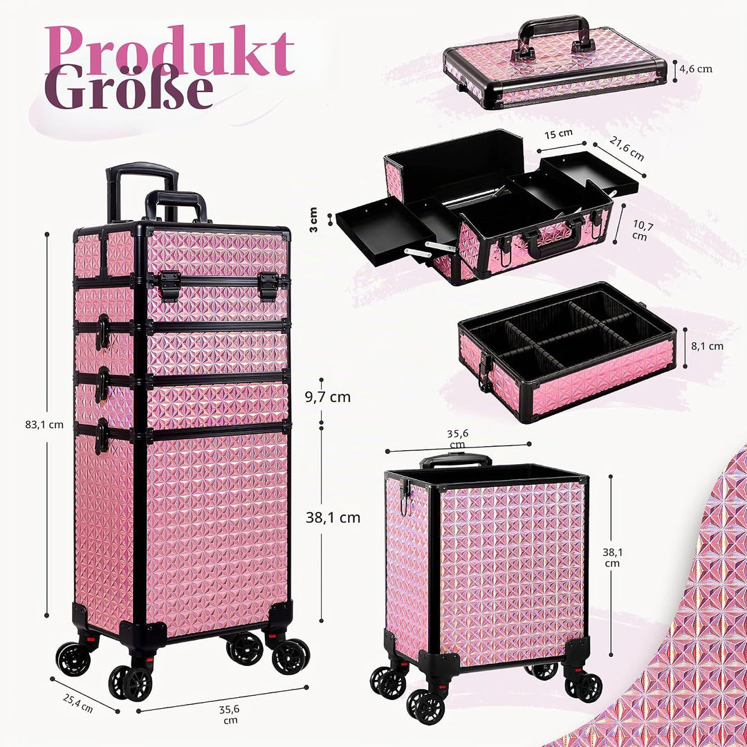 Arous 5-in-1 Profi-Kosmetikkoffer, Aluminium, mit 360° drehbaren Rädern Rosa, Rosa