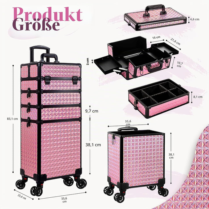 Arous 5-in-1 Profi-Kosmetikkoffer, Aluminium, mit 360° drehbaren Rädern Rosa, Rosa