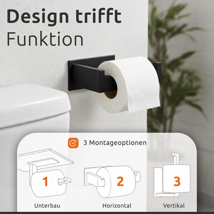 ECENCE 1x Toilettenpapierhalter + 2X Handtuchhaken ohne Bohren, Badezimmerset selbstklebend Schwarz
