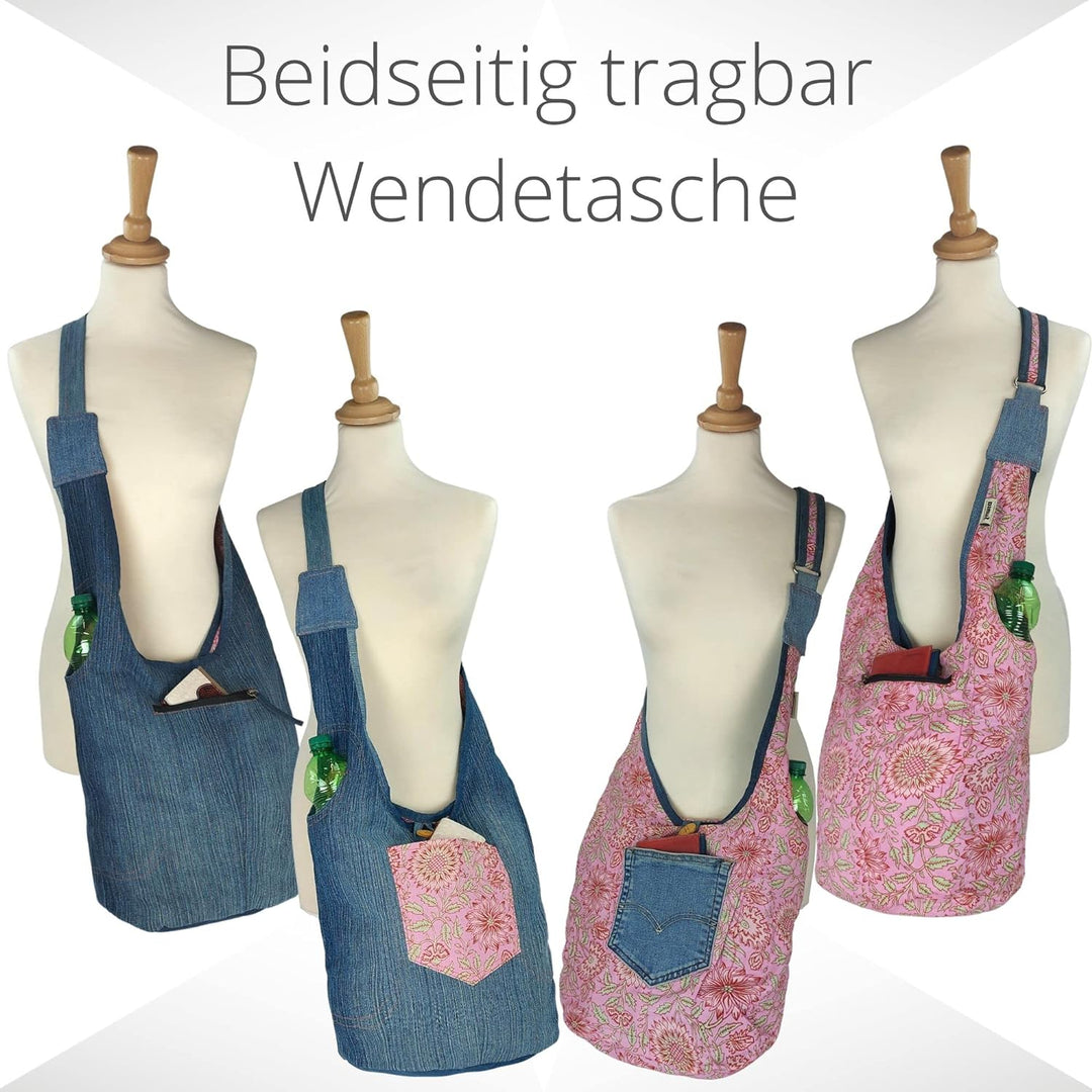Sunsa Damen nachhaltige Hobo Tasche. Umhängetasche aus recycelte Jeans & Baumwolle. Boho Blumig Cros